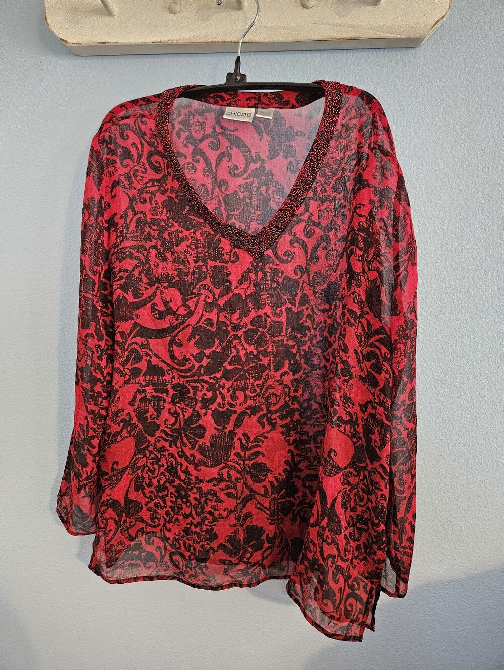 Chicos Red and Black V-Neck Sheer Printed Tunic